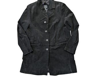 Dennis Basso Men's Suede Leather Car Coat Jacket L Black Button Front Lined NWT