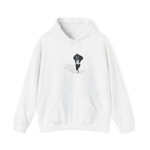 May include: White hoodie with a kangaroo pocket and drawstring hood. The front features a small graphic of a person playing hopscotch. The graphic is in black and white. The hoodie is made of a soft, comfortable material.