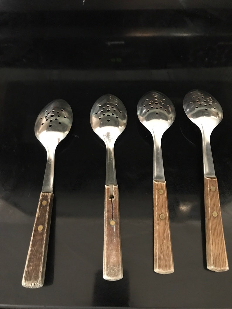 4 Vintage EKCO Slotted Serving Spoon with Wood Handle Etsy