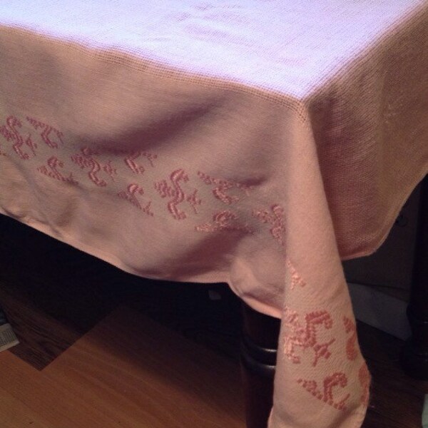 Vintage Pink Jacquard Fleur de Lis Tablecloth