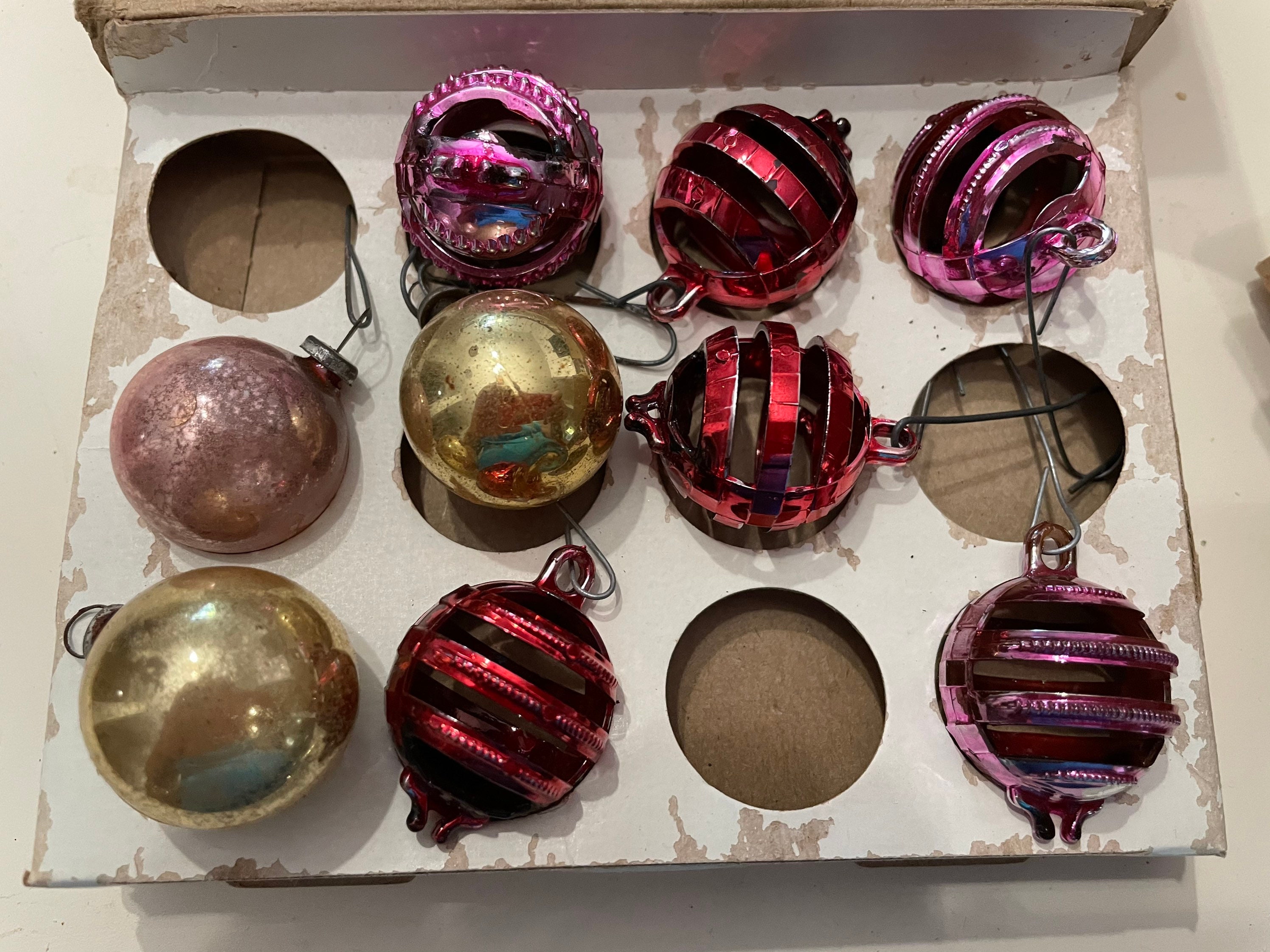 Vintage Tiny Christmas Ornaments / Set of 9 Mini Glass Ornaments / Vintage  Original Box 
