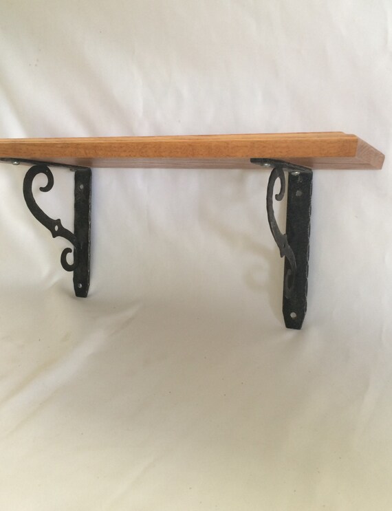 Vintage Wall Mounted Oak Shelf With Metal Brackets Image 0