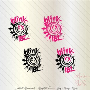 May include: Four black and pink digital designs of the Blink 182 logo. The logo features a smiley face with an X over the eyes and the words "blink 182" in a stylized font.