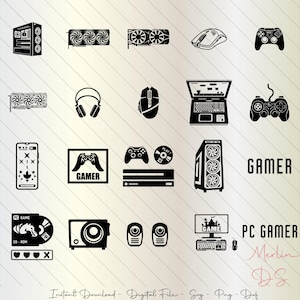 Op de afbeelding: Zwart-wit illustraties van gaming apparatuur, waaronder een computertoren, grafische kaarten, een muis, een controller, een koptelefoon, een laptop, een smartphone, een spelconsole, luidsprekers, een monitor en een cd-rom. Het woord "GAMER" wordt weergegeven.