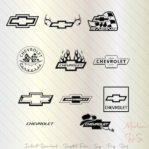May include: A collection of black and white Chevrolet logos and designs. Includes the classic bowtie emblem, racing flags, flames, and text variations like "Corvette" and "Racing". The image also includes the text "Instant Download - Digital File - Svg - Png - Dxf".