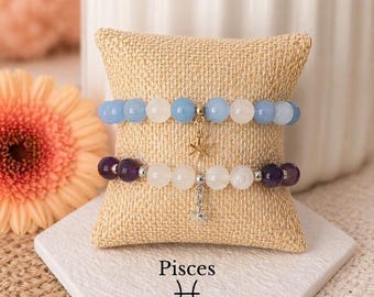 Pisces Zodiac Bracelet Birthstone Amethyst Aquamarine Moonstone Crystal Jewelry Gift for Her