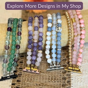May include: An assortment of beaded watch bands in various colors, including green, purple, blue, and pink. The bands feature round beads and decorative metal accents. The text "Explore More Designs in My Shop" is at the top.