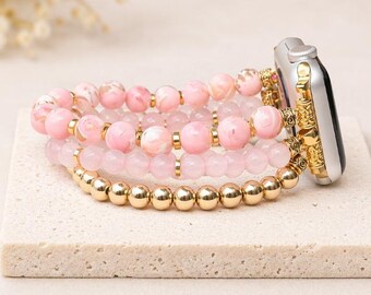 Rose Quartz Apple Watch Band, Pink Howlite White Jade Watch Band, Beaded Apple Watch Strap, Crystal Jewelry Band, Gift for Her