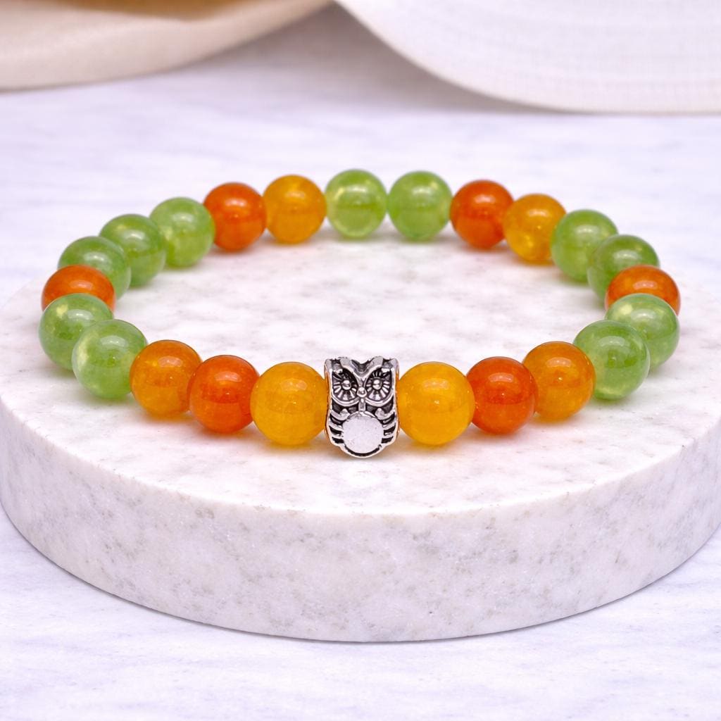Peridot Chalcedony Bracelet 8mm Owl Charm Crystal Bracelet Balance Wisdom Jewelry