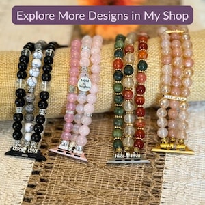 May include: Four beaded Apple Watch bands in various colors. One band is black and white, another is pink with a "Mom & Daughter" charm, and the others are green, red, and peach. The text "Explore More Designs in My Shop" is at the top.