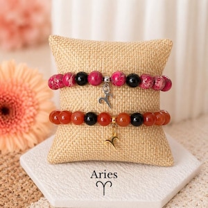 Pulsera del signo zodiacal Aries con piedra natal de cornalina, jaspe rojo y cristal de ónix negro. Regalo de joyería para ella.
