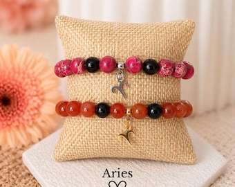 Aries Zodiac Bracelet Birthstone Carnelian Red Jasper Black Onyx Crystal Jewelry Gift for Her