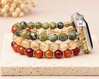 Green Jade Apple Watch Band, Citrine Carnelian Watch Band, Beaded Apple Watch Strap, Crystal Watch Band, Abundance Jewelry Gift