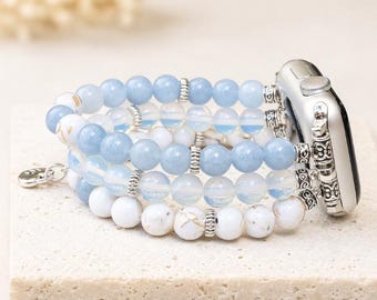 Aquamarine Apple Watch Band, Personalized Initial Charm Watch Band, Opal Beaded Apple Watch Strap, Custom Letter Jewelry Band, Gift for Her