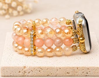 Sunstone Apple Watch Band, Champagne Agate Watch Band, Beaded Apple Watch Strap, Crystal Watch Band, Neutral Jewelry Gift for Her