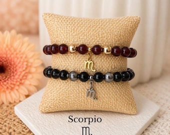 Scorpio Zodiac Bracelet Birthstone Black Obsidian Garnet Hematite Crystal Jewelry Gift for Her