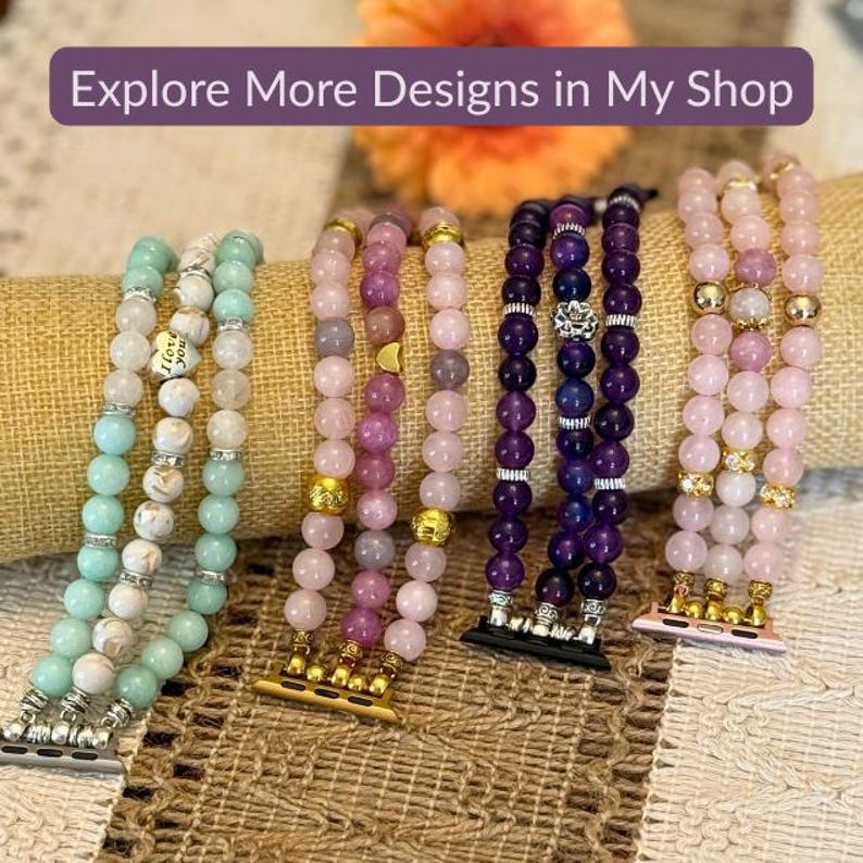 May include: A collection of beaded watch bands in various colors, including light green, pink, purple, and dark purple. The bands feature gold and silver accents, with the text "Explore More Designs in My Shop" at the top.