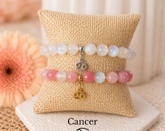 Cancer Zodiac Bracelet Birthstone Moonstone Opal Strawberry Agate Crystal Jewelry Gift for Her