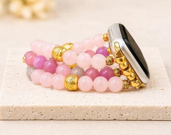 Rose Quartz Apple Watch Band, Alashan Gemstone Watch Band, Beaded Apple Watch Strap, Crystal Jewelry Band, Gift for Her