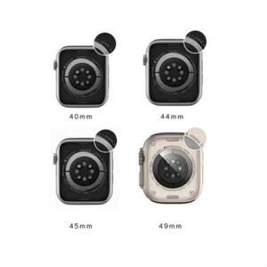 May include: Four smartwatches are displayed, showcasing their backs. Sizes include 40mm, 44mm, 45mm, and 49mm. Each watch has a circular sensor array and a metallic finish, with the 49mm model in a lighter tone.