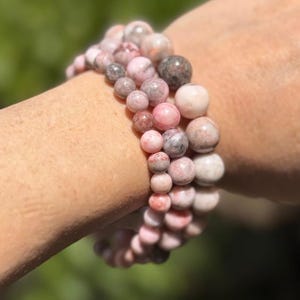 Pink Jasper Gemstone Bracelet Set (3): stretchy stackable 6/8/10mm beaded bracelets for stability and self-love