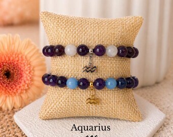 Aquarius Zodiac Bracelet Birthstone Garnet Amethyst Aquamarine Moonstone Crystal Jewelry Gift for Her