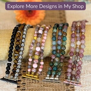 May include: A selection of beaded watch bands in various colors, including black, brown, silver, pink, green, and purple. The bands are displayed on a tan surface with the text "Explore More Designs in My Shop" at the top.