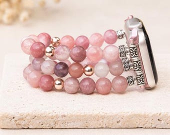 Strawberry Quartz Apple Watch Band, Strawberry Jade White Jade Watch Band, Beaded Apple Watch Strap, Crystal Jewelry Band, Gift for Her
