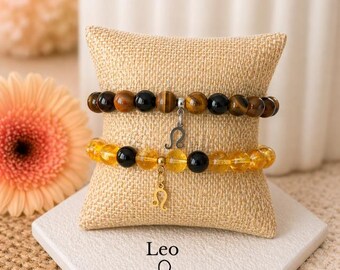 Leo Zodiac Bracelet Birthstone Tigers Eye Citrine Black Onyx Crystal Jewelry Gift for Her
