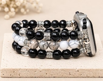 Black Obsidian Apple Watch Band, Jasper Howlite Watch Band, Beaded Apple Watch Strap, Crystal Watch Band, Protection Jewelry Gift