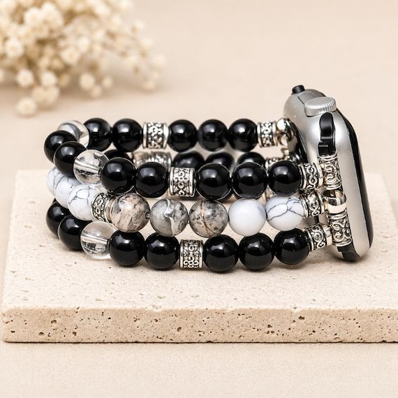 Black Obsidian Apple Watch Band, Jasper Howlite Watch Band, Beaded Apple Watch Strap, Crystal Watch Band, Protection Jewelry Gift