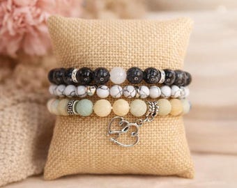 Amazonite Labradorite Moonstone Bracelet Set Mothers Day Gift Heart Bracelet Set Gemstone Jewelry Gift for Her