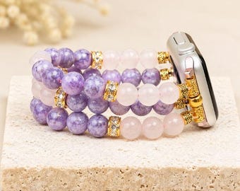 Angelite Apple Watch Band, Rose Quartz Gemstone Watch Band, Beaded Apple Watch Strap, Crystal Jewelry Band, Gift for Her