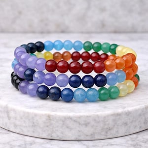 Natural Stone 7 Chakras Bracelet Purple Aventurine, Lapis Lazuli, Blue Aventurine, Yellow Jade, Orange Agate, Red Onyx 6mm Beads Crystal