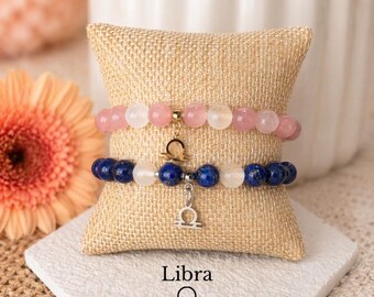 Libra Zodiac Bracelet Birthstone Lapis Lazuli Pink Cat Eye Selenite Crystal Jewelry Gift for Her