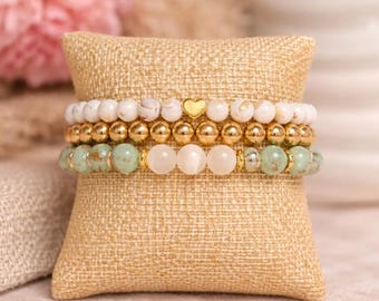 Mothers Day Bracelet Set Gift for Mom Green Gemstone Bracelet Stack Gold Beaded Bracelet Set Healing Jewelry Gift