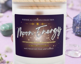 Scented Vegan Wax Candle | Frosted Glass Jar 11oz | Wooden Wick | Moon Energy Whimsical Collection | Manifest & Release Candle