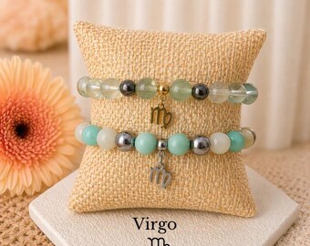 Virgo Zodiac Bracelet Birthstone Amazonite Fluorite Hematite Crystal Jewelry Gift for Her