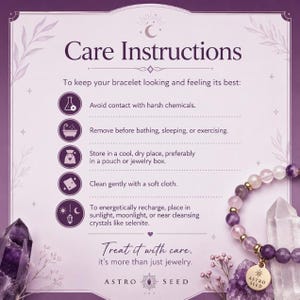 May include: A purple and pink beaded bracelet with a gold charm, displayed with care instructions. The text reads "Care Instructions" and advises on maintaining the bracelet's appearance. The Astro Seed logo is visible.