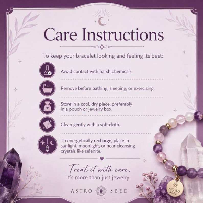 May include: A purple and pink beaded bracelet with a gold charm, displayed with care instructions. The text reads "Care Instructions" and advises on maintaining the bracelet's appearance. The Astro Seed logo is visible.