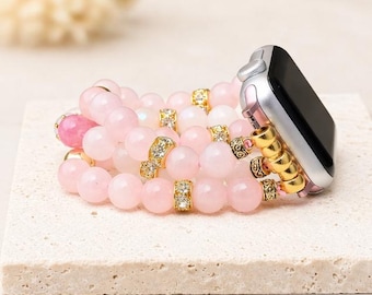 Rose Quartz Apple Watch Band, Moonstone Morganite Gemstone Watch Band, Beaded Apple Watch Strap, Crystal Jewelry Band, Gift for Her