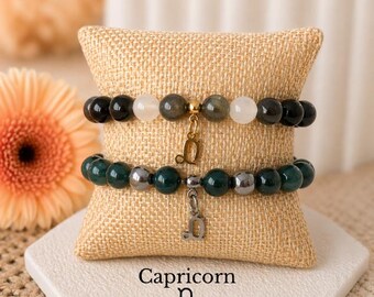 Capricorn Zodiac Bracelet Birthstone Moss Agate Black Obsidian Hematite Crystal Jewelry Gift for Her