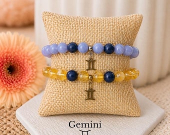 Gemini Zodiac Bracelet Birthstone Blue Lace Agate Citrine Lapis Lazuli Crystal Jewelry Gift for Her