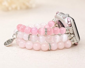 Rose Quartz Apple Watch Band, Mom Daughter Charm Watch Band, Beaded Apple Watch Strap, Crystal Jewelry Band, Gift for Mom