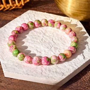 Rain Flower Jade Bracelet: 8mm Pink & Green Gemstone Stretch Bracelet