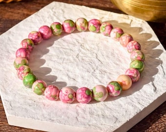 Rain Flower Jade Bracelet: 8mm Pink & Green Gemstone Stretch Bracelet