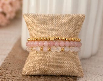 Rose Quartz Bracelet Set Mothers Day Gift for Mom Heart Bracelet Set Love Crystal Bracelet Gift for Her