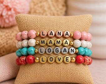 Custom Name Bracelet 8mm Gemstone Personalized Name Bracelet Beaded Gift Birthstone Jewelry Mothers Day Gift for Her
