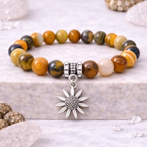Bumblebee Agate Bracelet 8mm Sunflower Charm Yellow Crystal Jewelry Gift