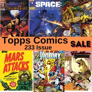 Puede incluir: Un collage de portadas de cómics con varios personajes y títulos, incluyendo Dragonheart, Space: Above and Beyond, Mars Attacks, Victory y Cadillacs and Dinosaurs. Las portadas son todas de la venta de Topps Comics 233 Issue.